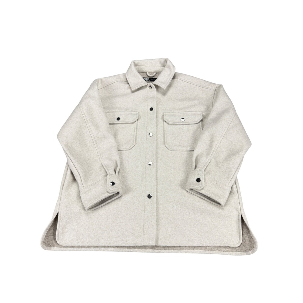 Zara Women XL Oatmeal Beige Felted Oversized Shirt Jacket Shacket Snap Button